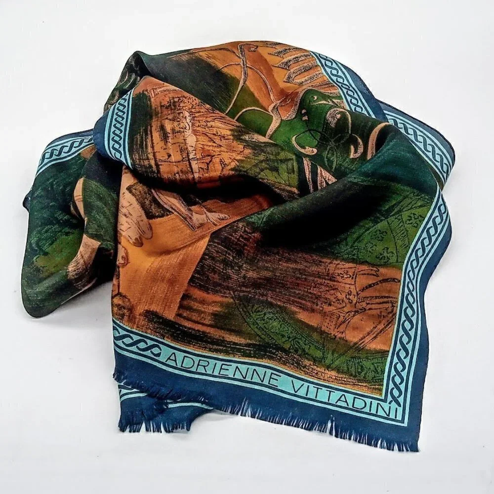 Vintage Adrienne Vittadini Equestrian Print Silk Fringed Oblong Scarf